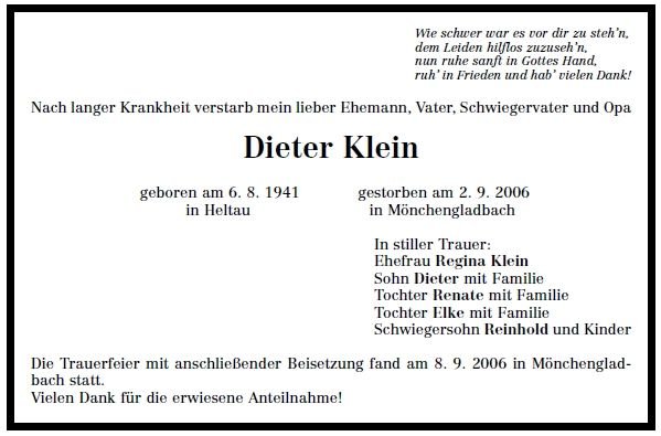 Klein Dieter 1941-2006 Todesanzeige
